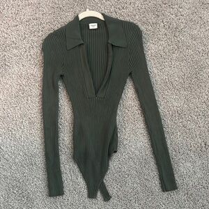 Abercrombie & Fitch Green Ribbed Asymmetrical Polo Bodysuit